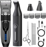 Black low noise dog grooming trimmer with indicator light displaying battery status