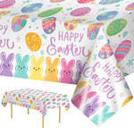 Litmitfu Happy Easter plastic tablecloth 2 pieces front view showcasing colorful bunny and egg patterns