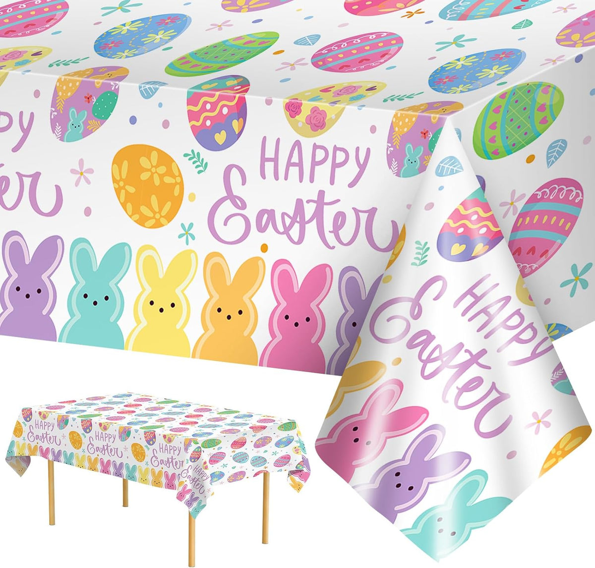 Litmitfu Happy Easter plastic tablecloth 2 pieces front view showcasing colorful bunny and egg patterns