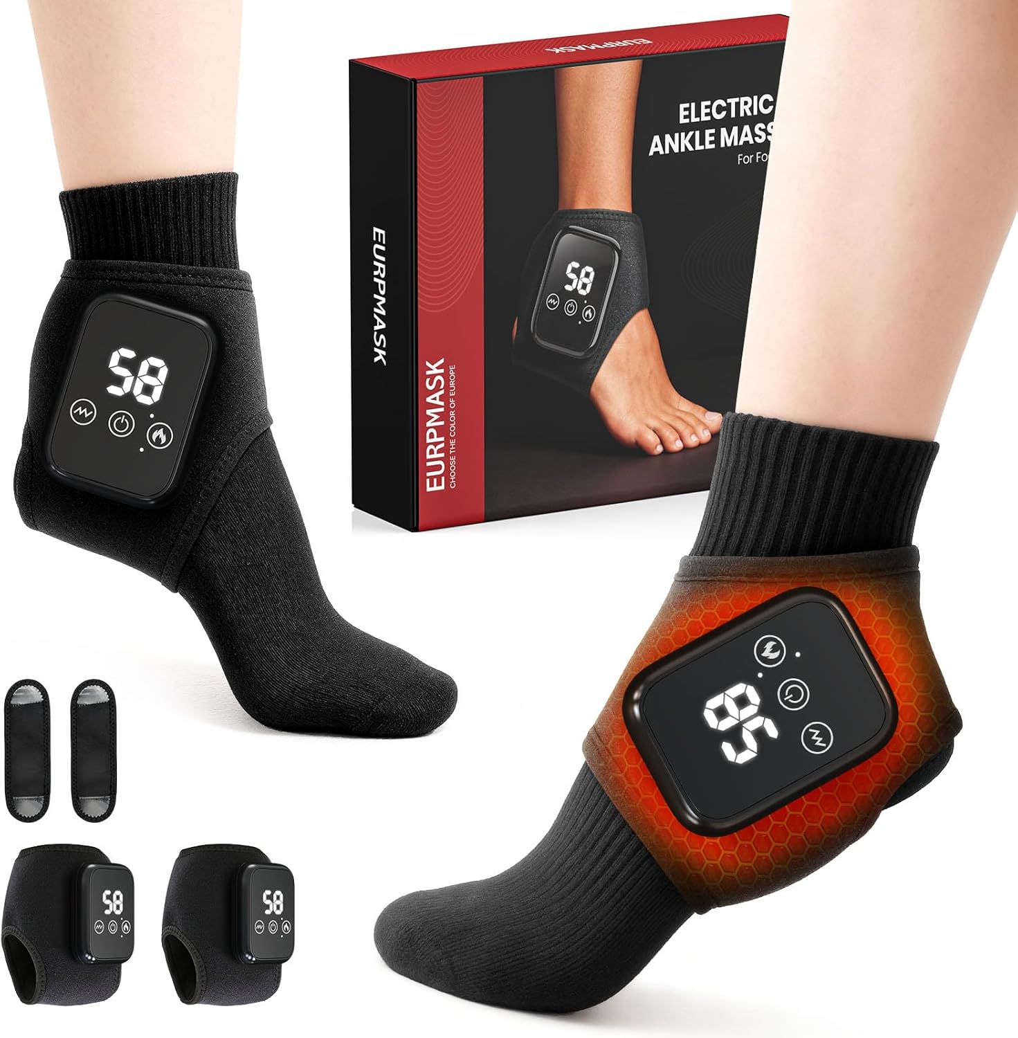 EURPMASK Foot Renew Massager for Neuropathy front view showing the sleek black wrap design on a foot