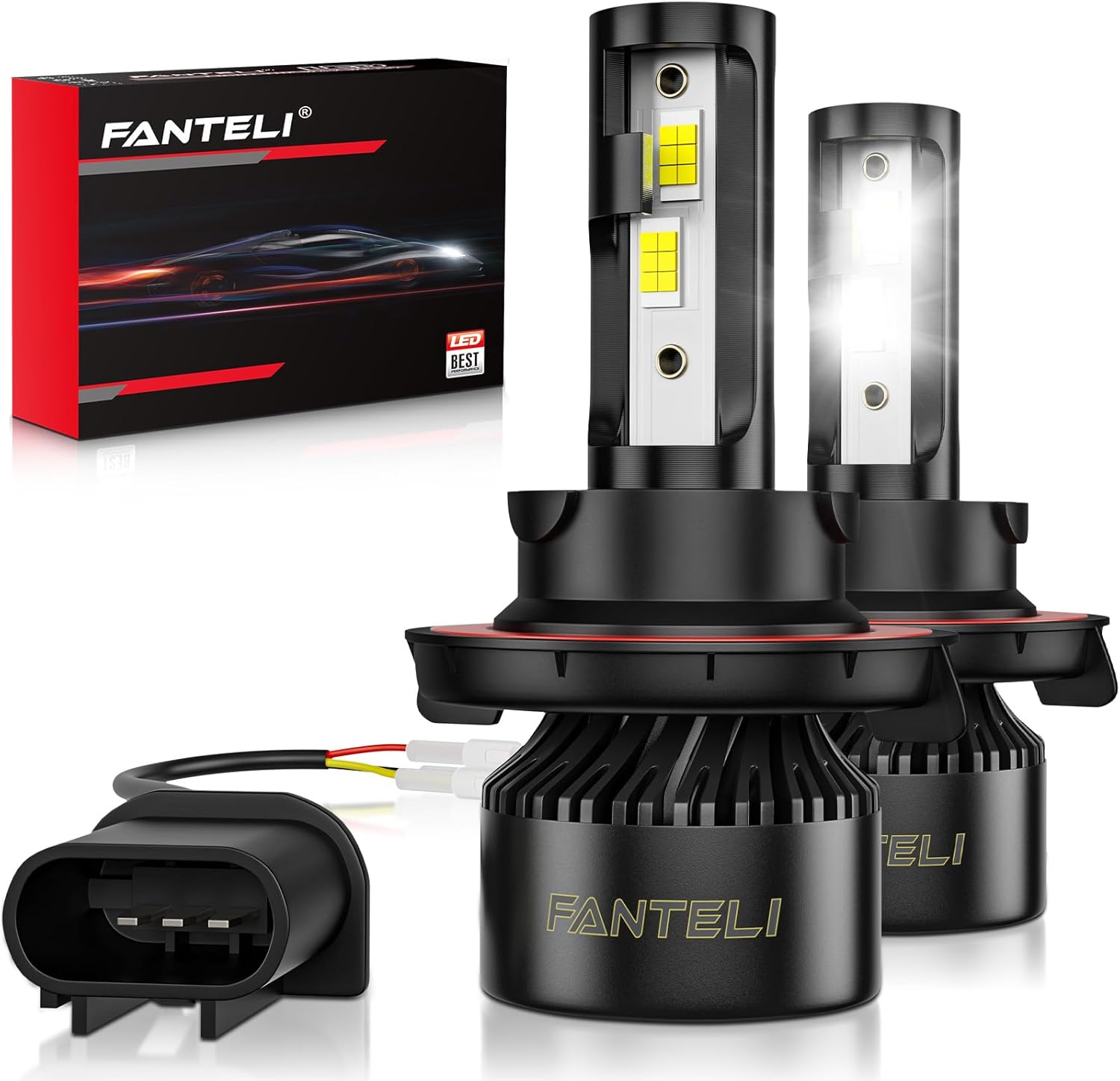FANTELI H13 9008 LED bulbs front view showing the dual-beam layout and compact aviation aluminum body.