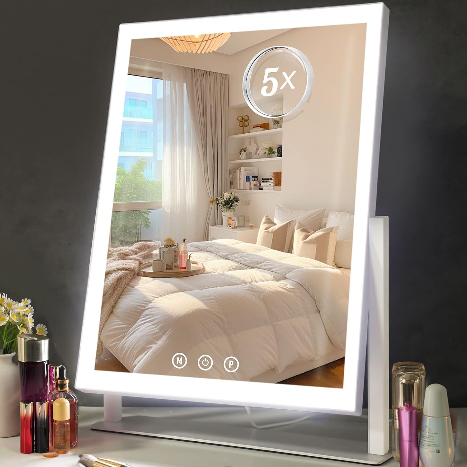 Lighted Makeup Mirror, Hollywood Vanity Mirror with 5X Magnification Mirror, 360°Rotation Touch Control, 3 Color Lighting for Desks Bedroom Dressing Room, Large - Image 1