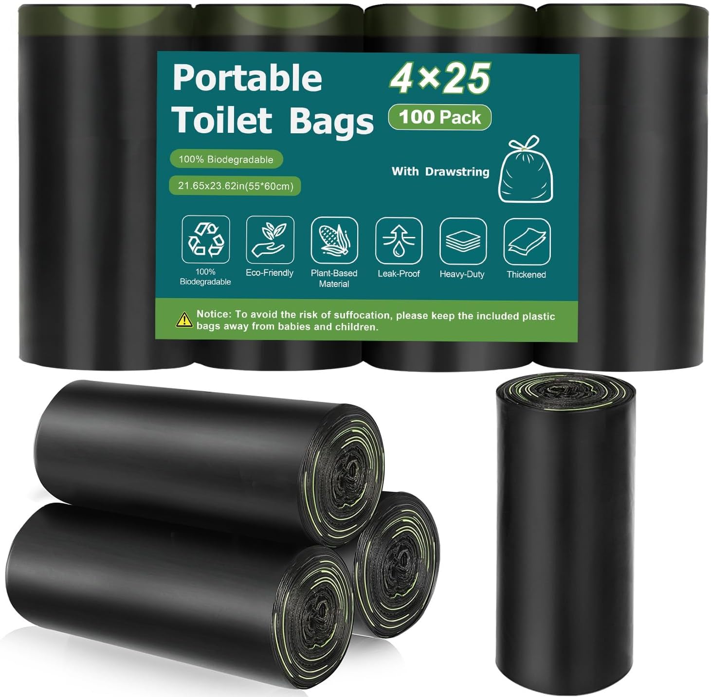 FQFMO Biodegradable Portable Toilet Bags front packaging view highlighting drawstring closure and lemon scent icons.