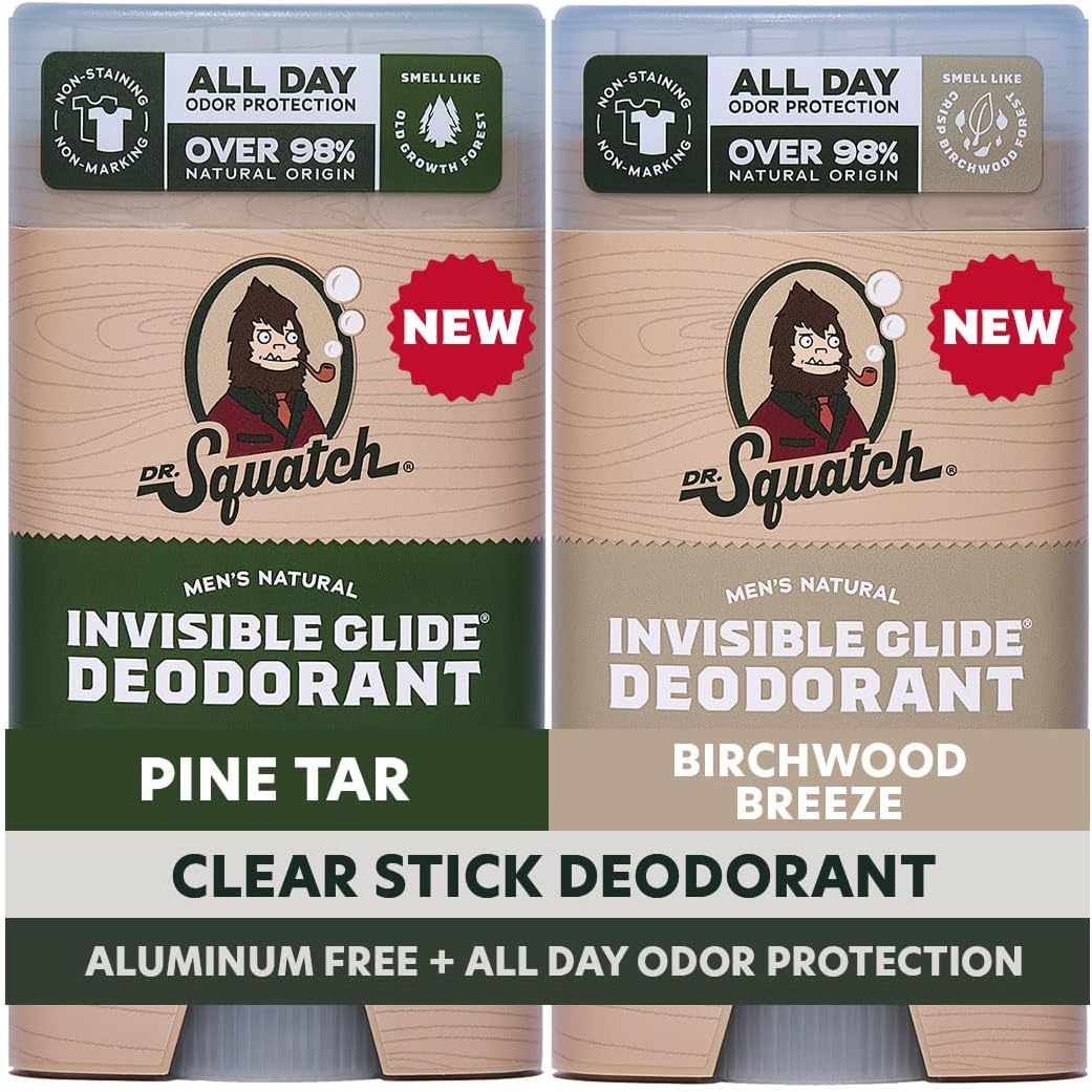 Dr. Squatch Invisible Glide Natural Men's Deodorant 2-Pack front view showing Pine Tar and Birchwood Breeze sticks.