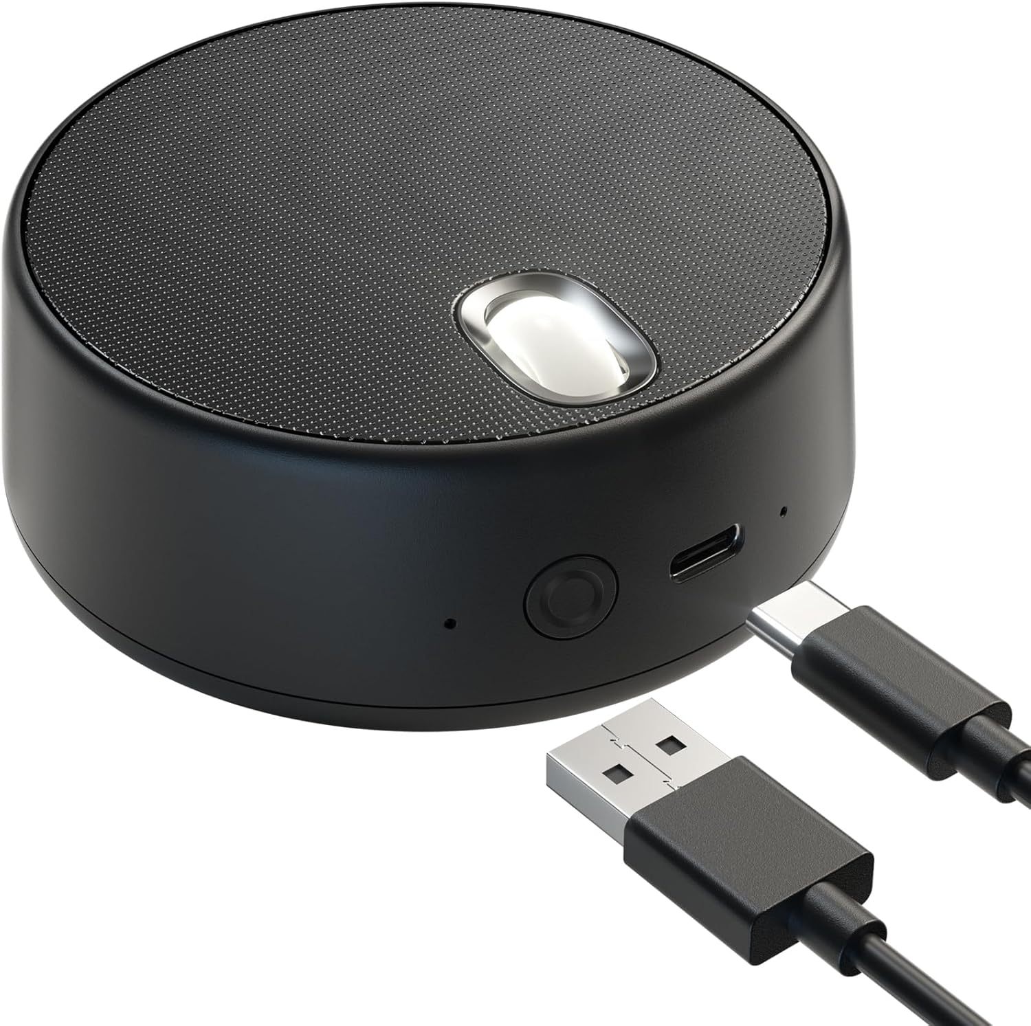 ROFALL USB computer speaker with microphone front view showing sleek circular black design for desktop setups.