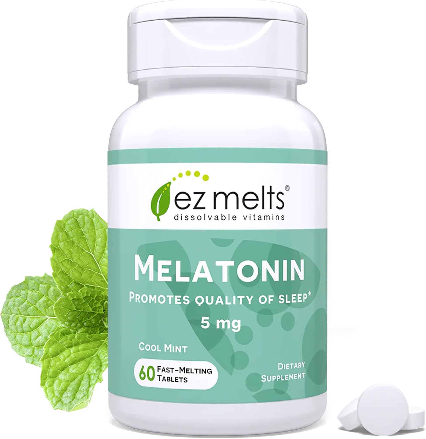 EZ Melts Melatonin 5mg Sleep Support front view bottle for fast-acting sleep aid.