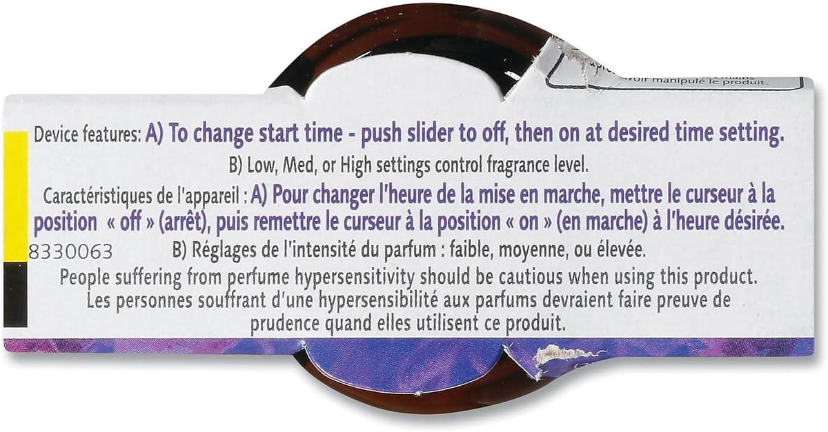 Air Wick lavender and almond blossom refill ingredient label view.