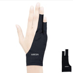 Wacom drawing glove front view showing two-finger black design on tablet.