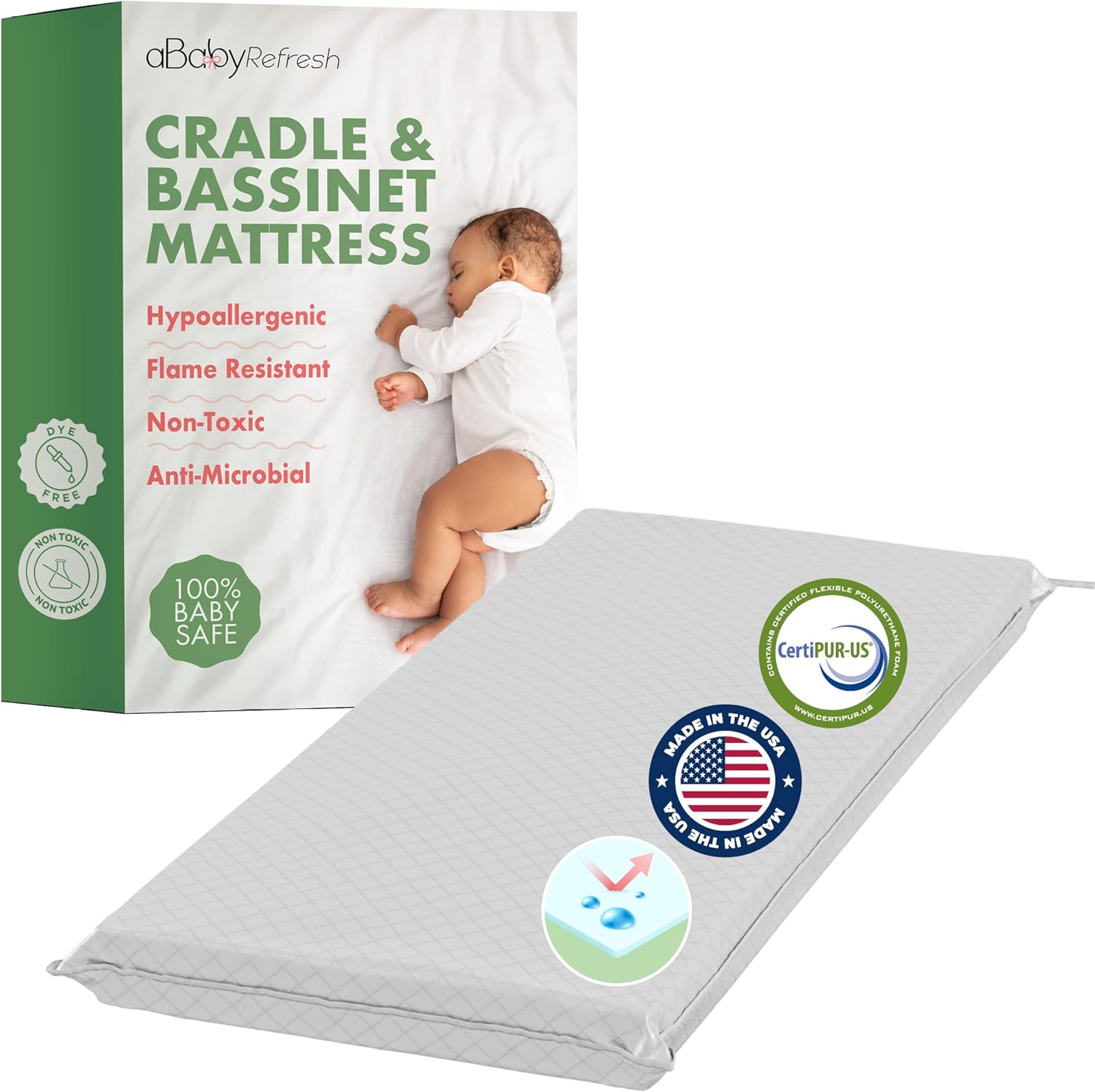 ABaby Refresh cradle baby mattress front view showing premium firm foam structure.