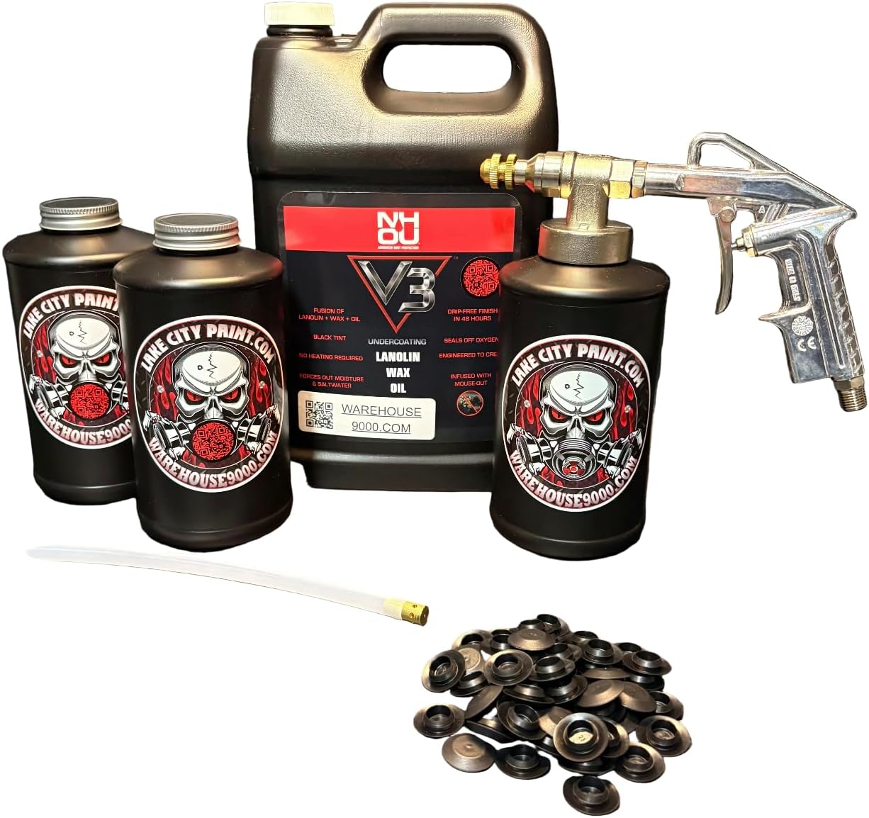 NH Oil V3 Pro Undercoating Gun kit front view showing pneumatic spray apparatus and bottles for automotive rust protection.