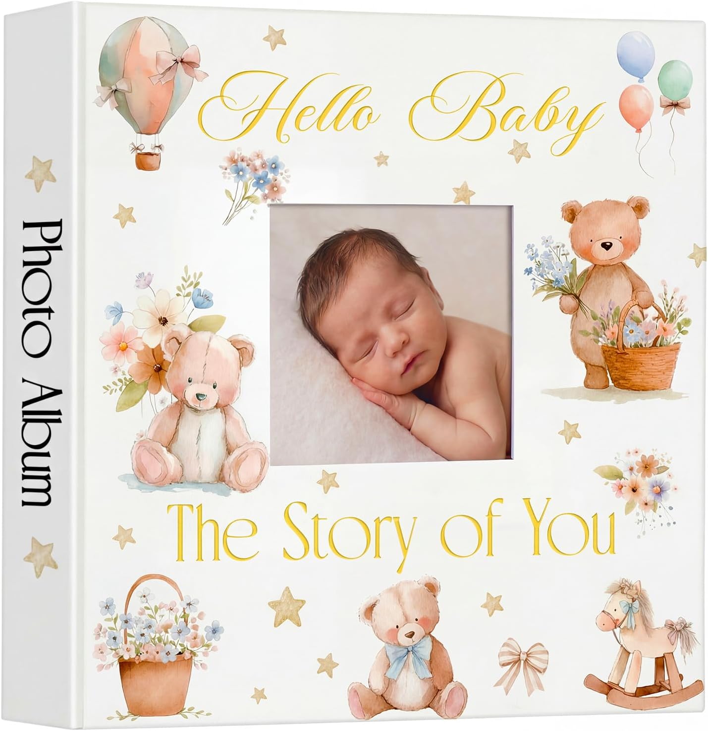 Thyle baby photo album front view showing white cover and teddy bear illustration