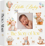 Thyle baby photo album front view showing white cover and teddy bear illustration