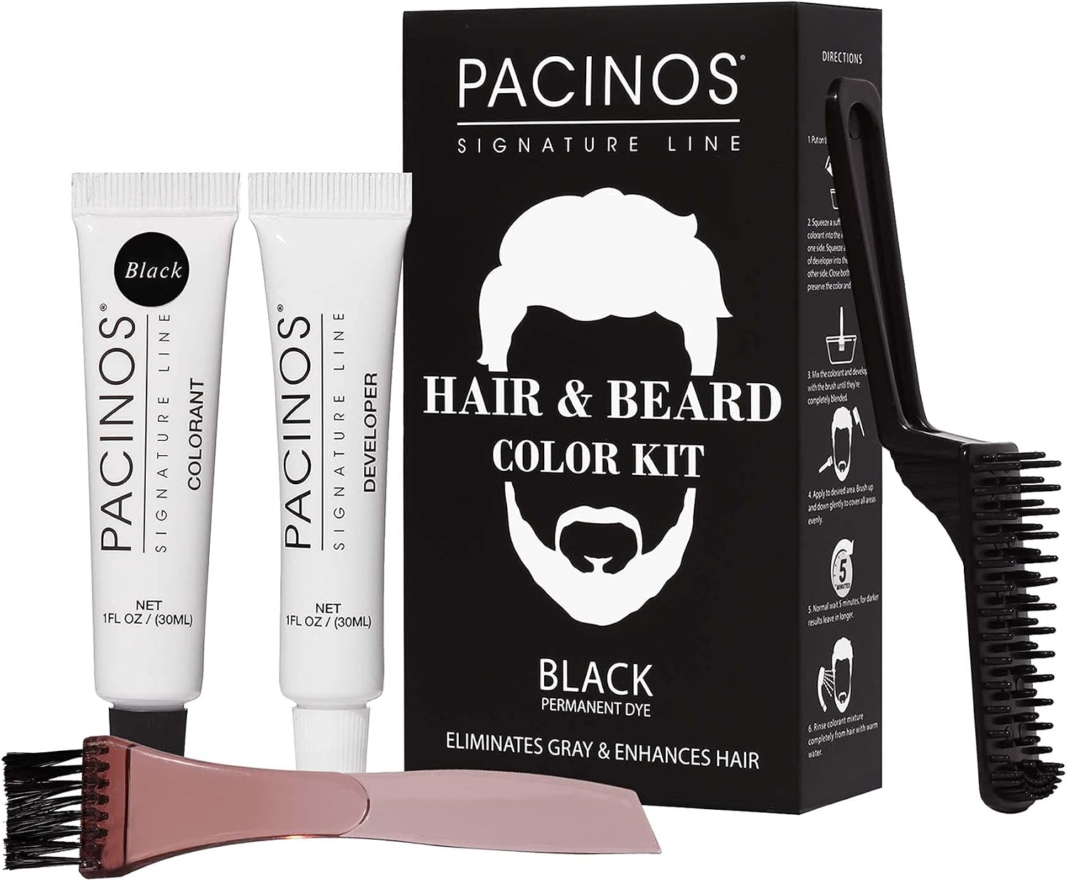 Pacinos hair and beard color kit black front view packaging