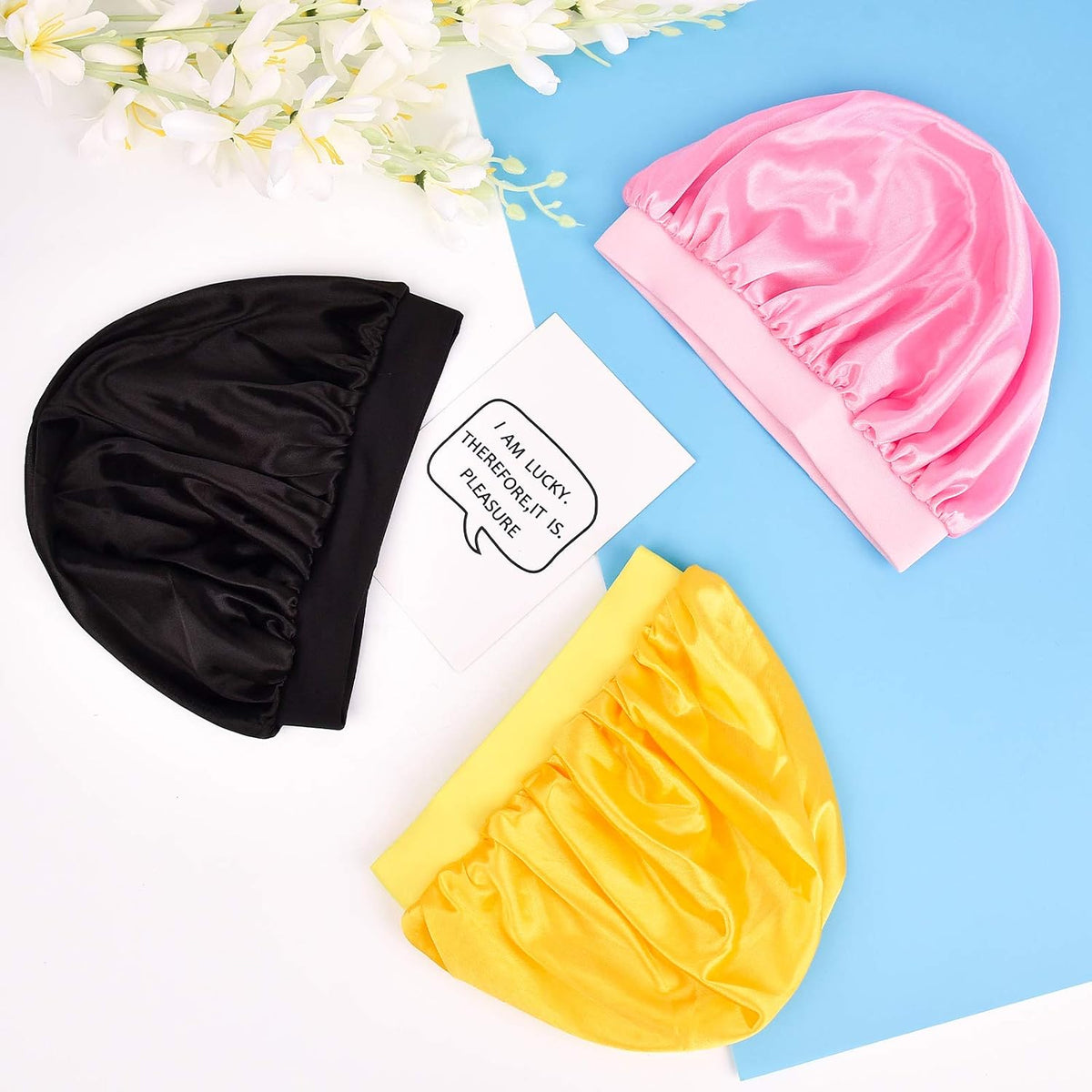 Aileam 3 pieces kids satin bonnet packaging layout