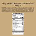 Close up view of five assorted flavors of gourmet Belgian chocolate coated Arabica coffee beans showing dark, milk, and white varieties.