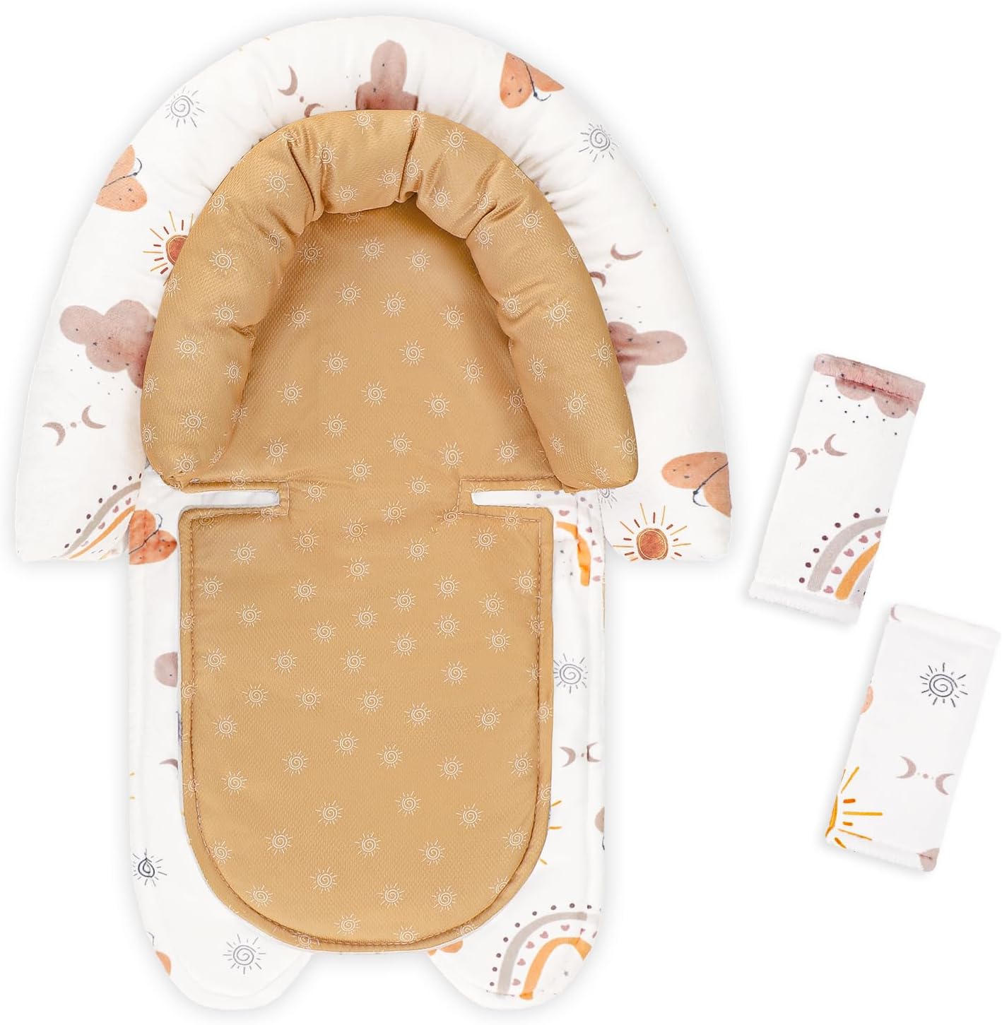 CARUILI baby car seat head support and strap covers in boho rainbow pattern front view