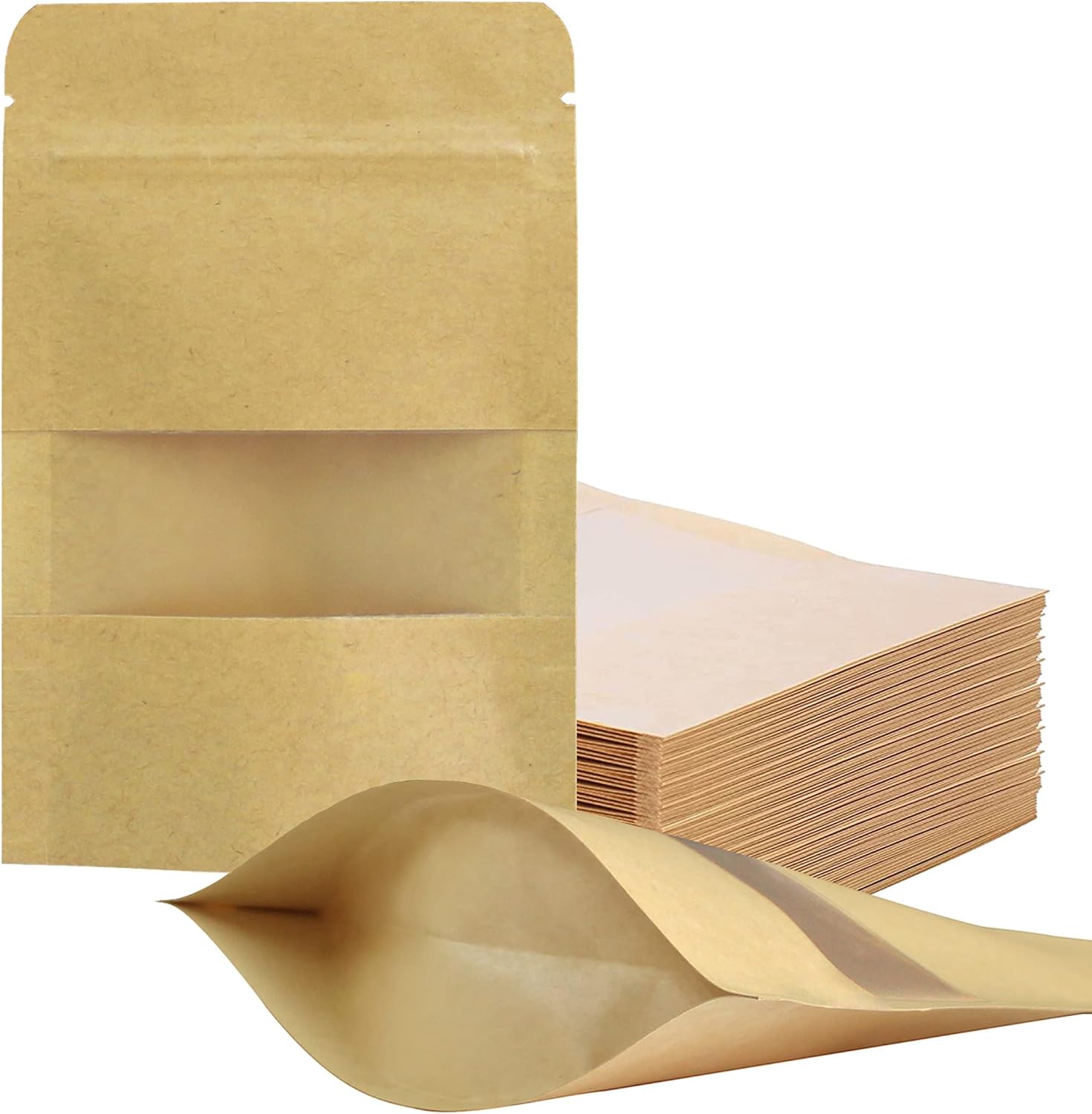 FireKylin 100 piece kraft paper resealable bags front view showing matte window for food storage packaging.