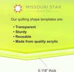 Missouri Star Quilt Co. Large Half Hexagon Template placed on a 10 inch fabric layer cake square.