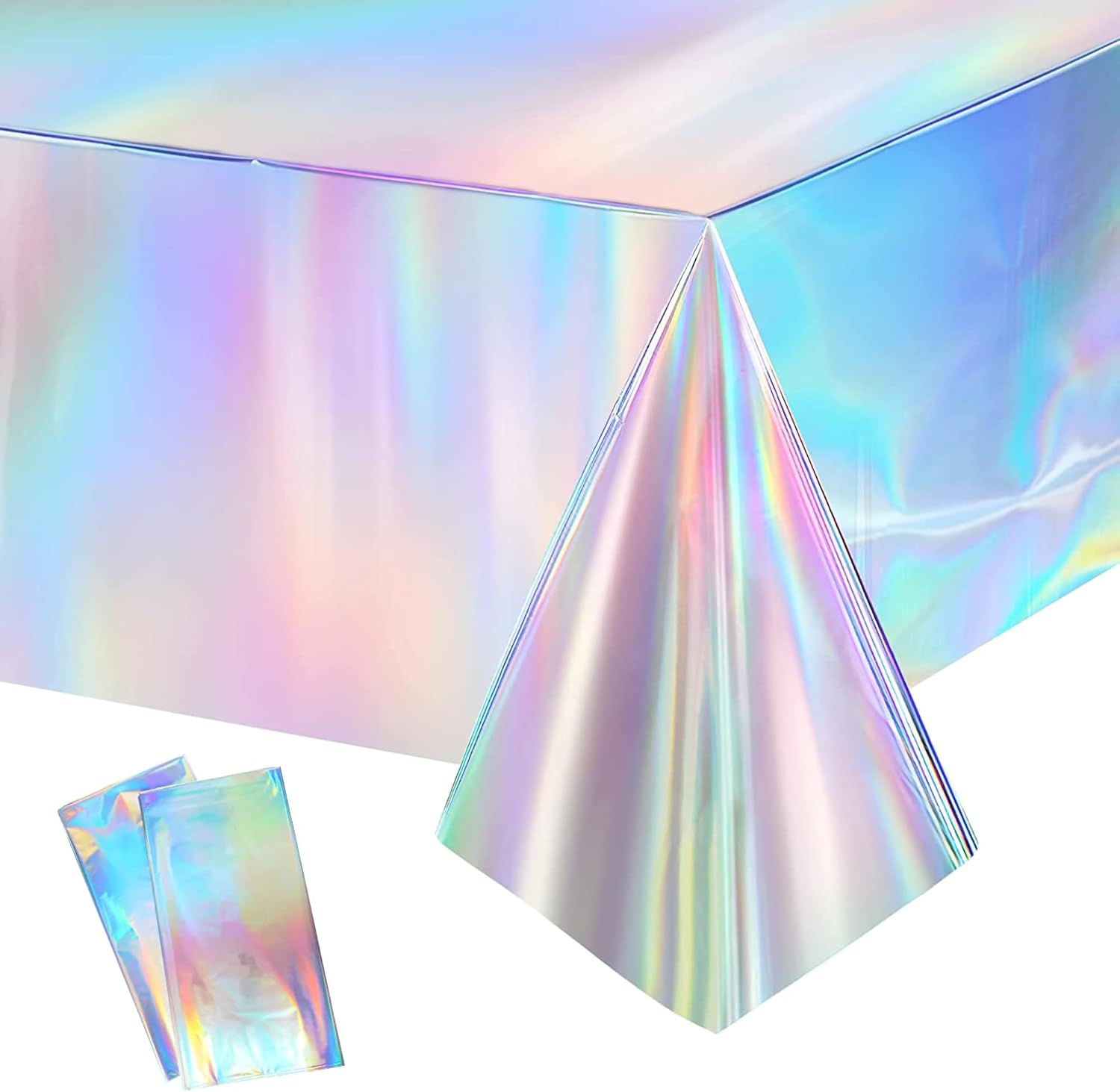 GREATRIL Iridescent Party Table Cloths front view showing holographic shimmer on a rectangular table decoration