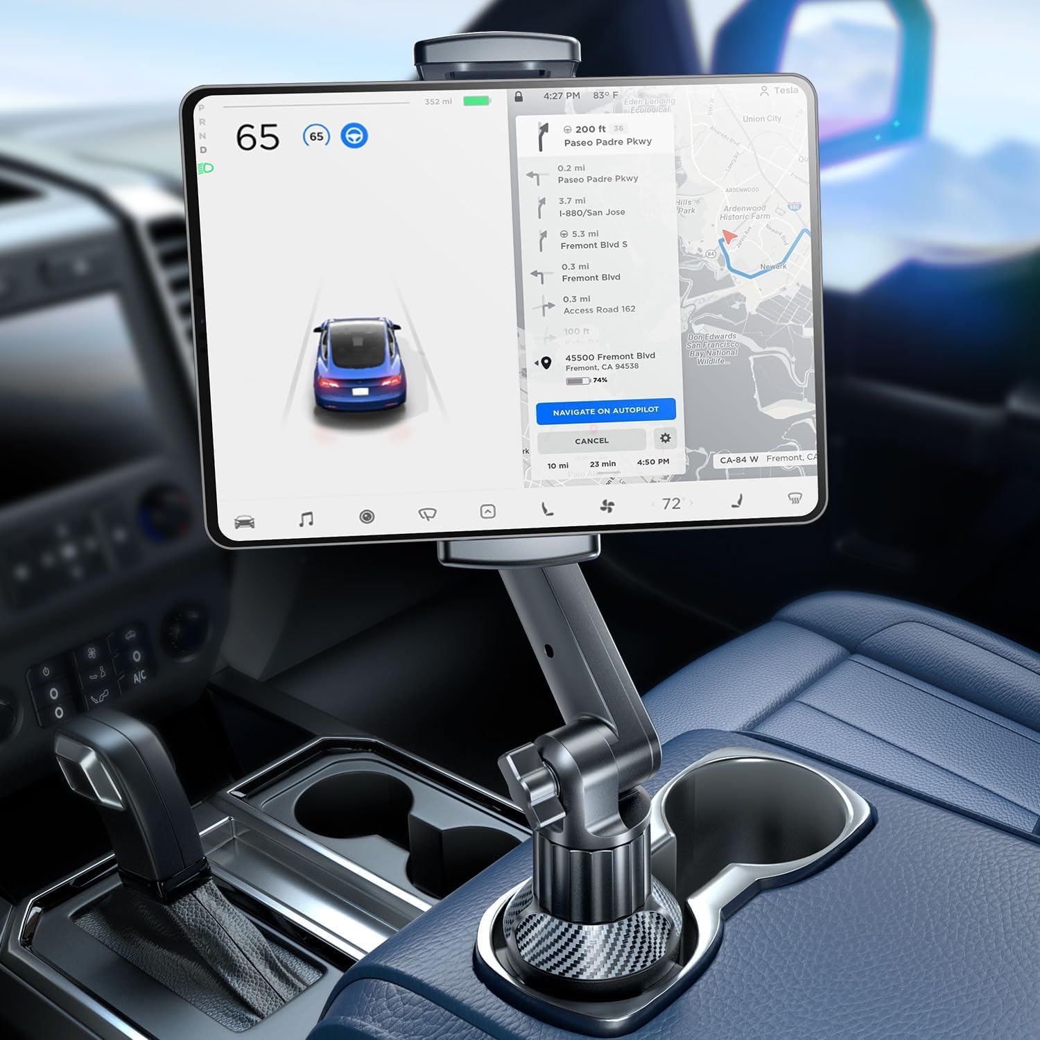 eSamcore tablet holder for car front view showing adjustable arm inside a vehicle center console cup holder