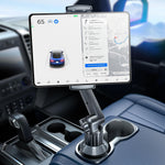 eSamcore tablet holder for car front view showing adjustable arm inside a vehicle center console cup holder