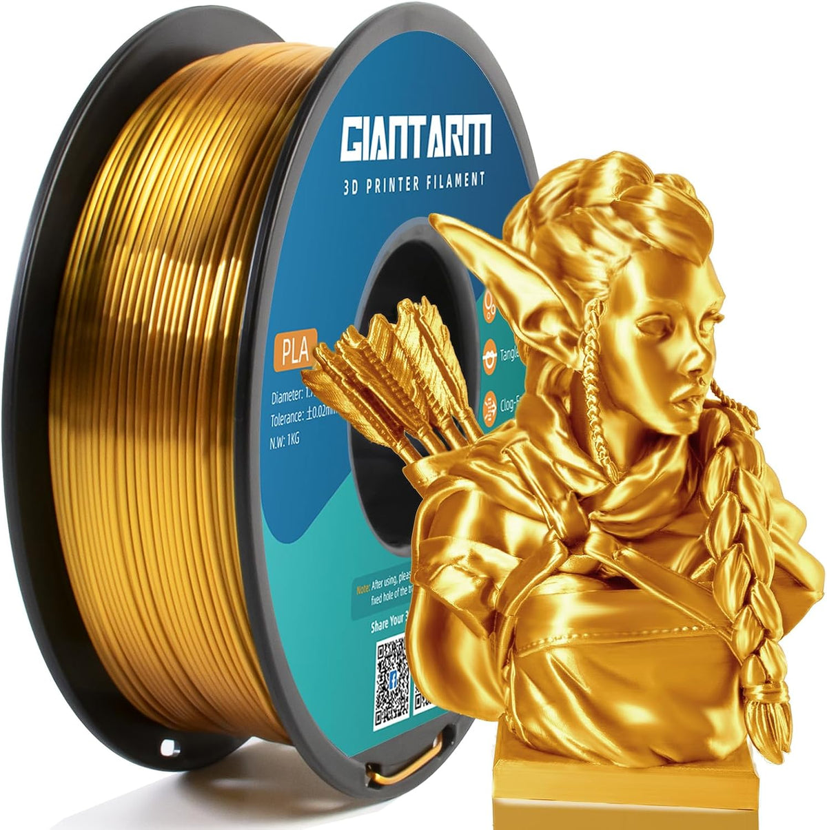 GIANTARM silk gold PLA filament front view spool