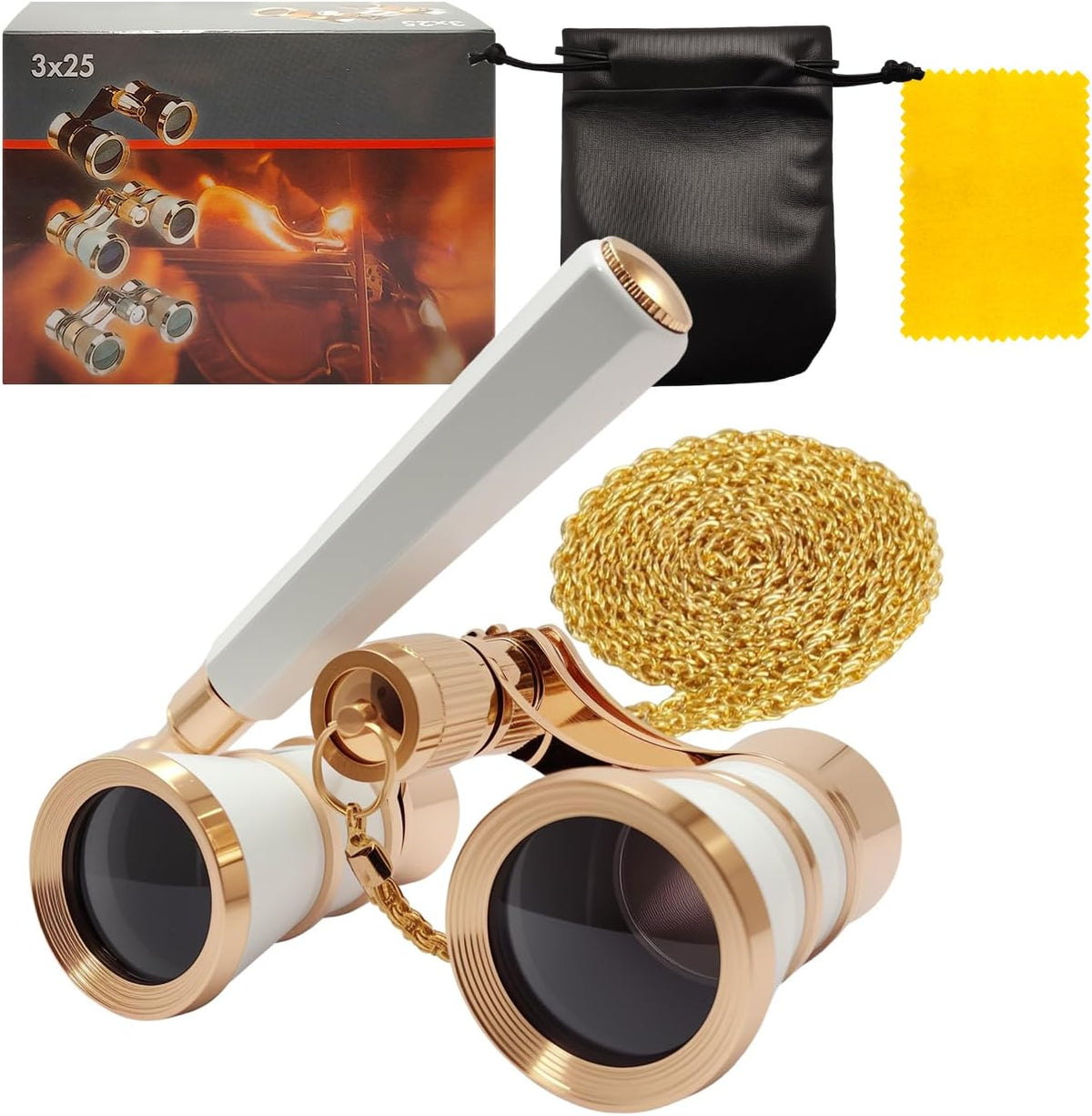 SUPRBIRD 3X25 Opera Glasses Theater Binoculars front view in elegant white and gold