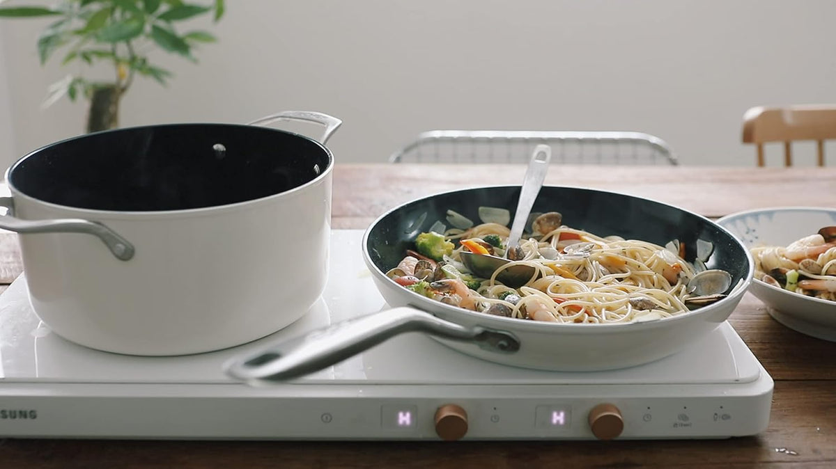 ValenCera TeChef nonstick skillet in use cooking food