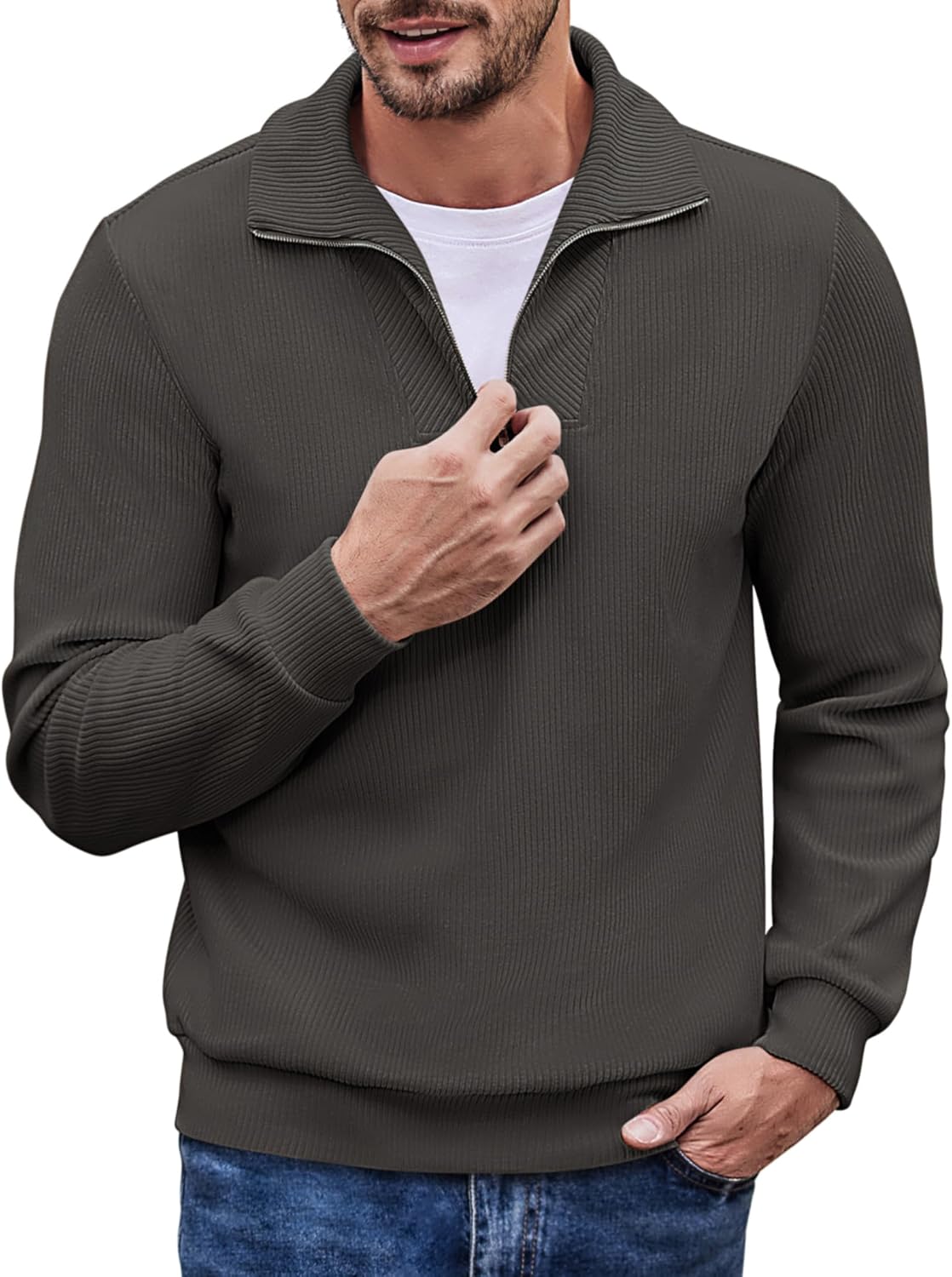 COOFANDY Men's Quarter Zip Up Pullover Mock Neck Long Sleeve Sweater Casual Corduroy Polo Sweatshirt - Image 10