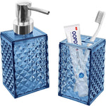 CDorigin blue bathroom accessories two piece set showing front view of soap dispenser and toothbrush holder