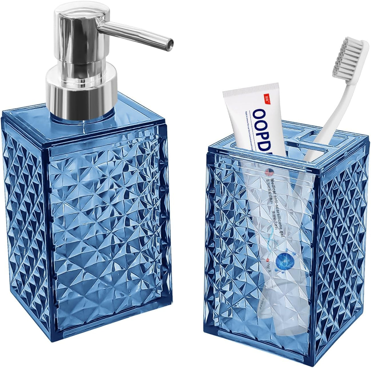 CDorigin blue bathroom accessories two piece set showing front view of soap dispenser and toothbrush holder