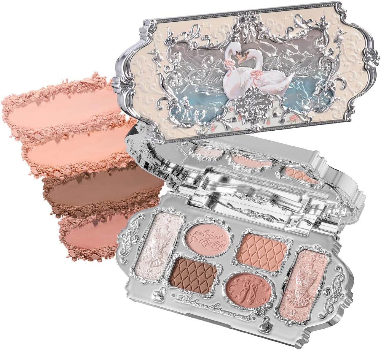 Flower Knows Swan Ballet Six-Color Makeup Palette front view of silver engraved compact case.