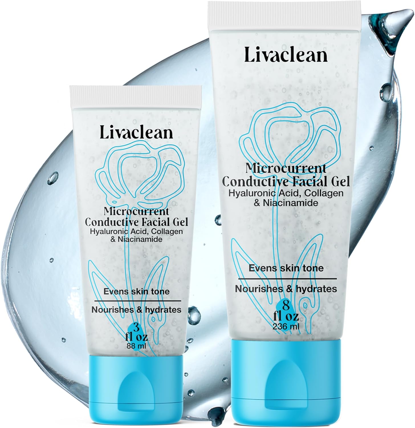 Livaclean Microcurrent Conductive Gel Pack front view showing both home and travel sizes