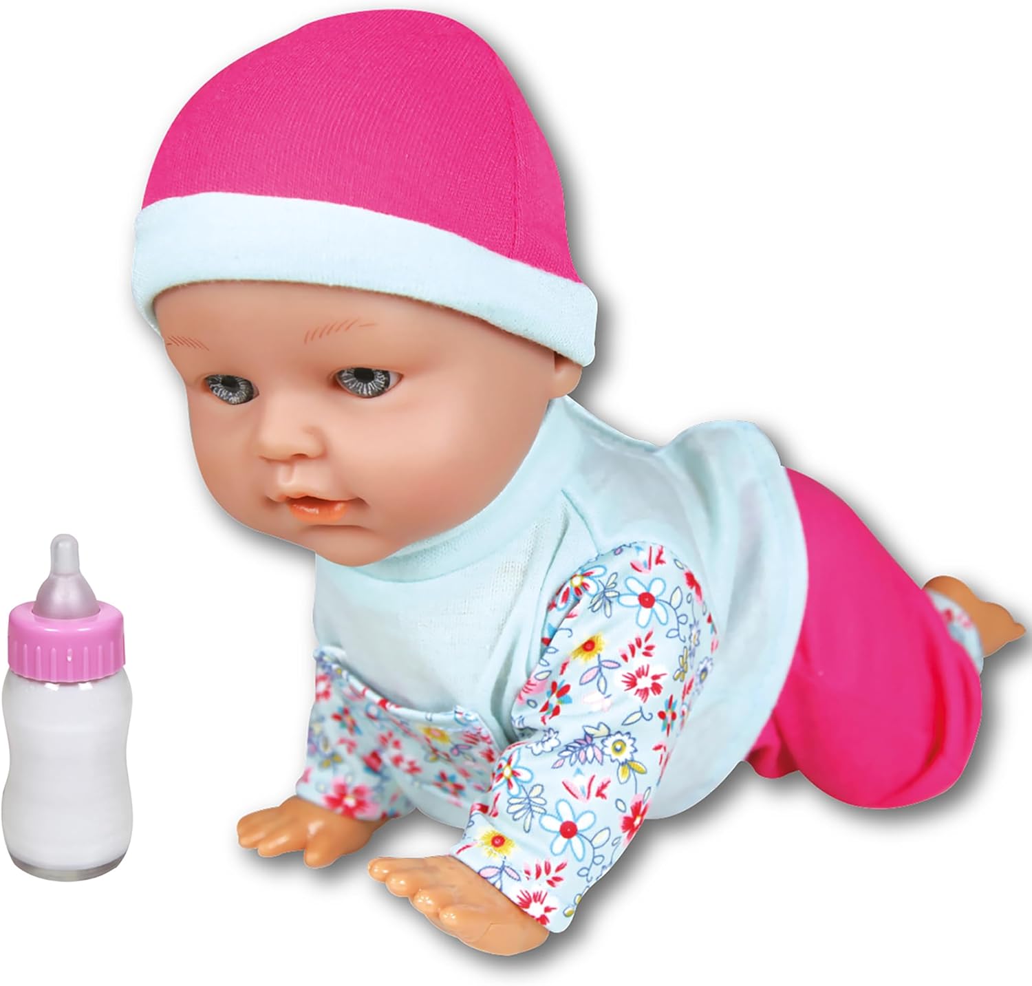 Lissi 12 Inch Crawling Baby Doll front view showcasing blue floral top and pink hat