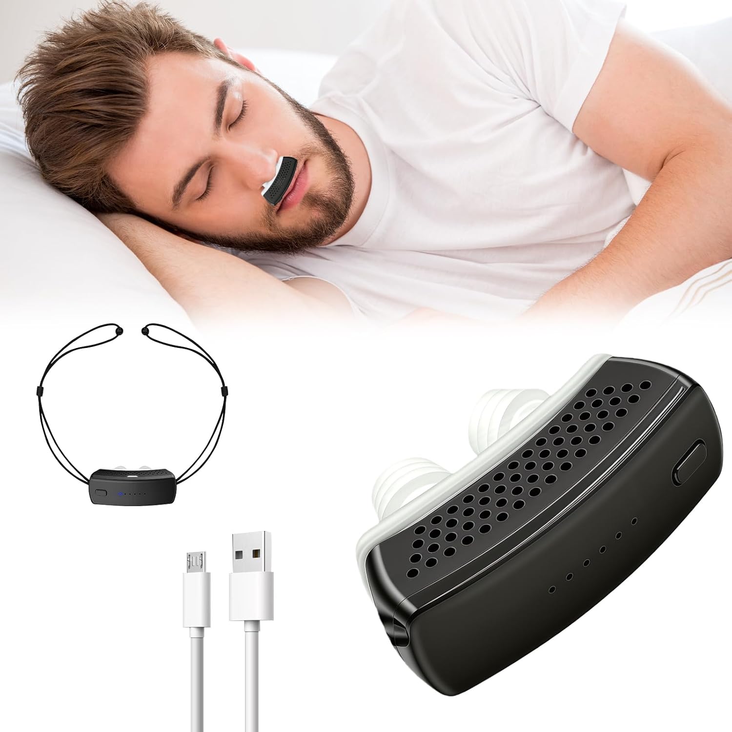 Anti Snoring Devices, Electric Snoring Solution with Adjustable Security Strap, Adjustable 6-Speed, Universal Fit for All Nose Shapes, Portable Sleep Apnea Devices for Men & Women (Charcoal Black) - Image 1