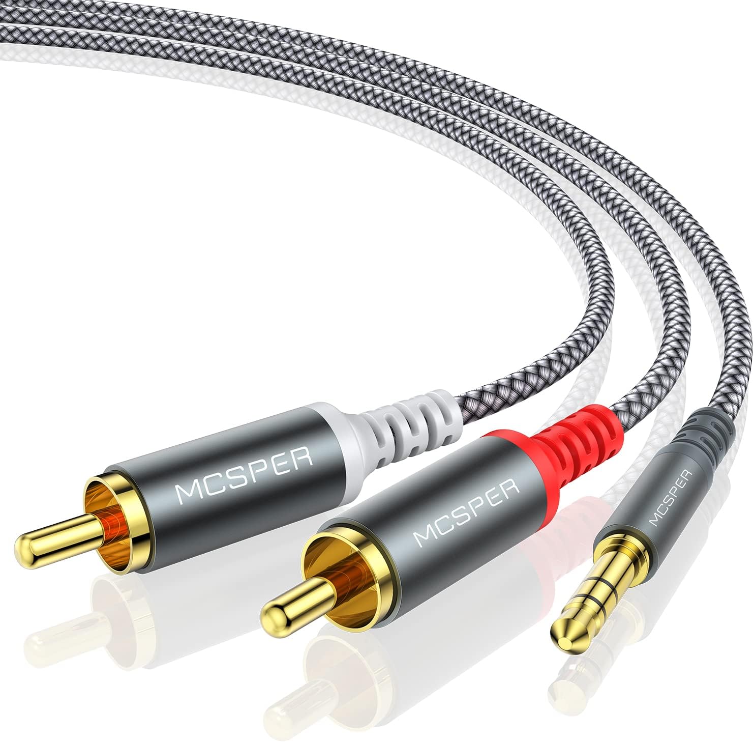 Mcsper RCA to 3.5mm AUX cable front view showcasing gold-plated connectors