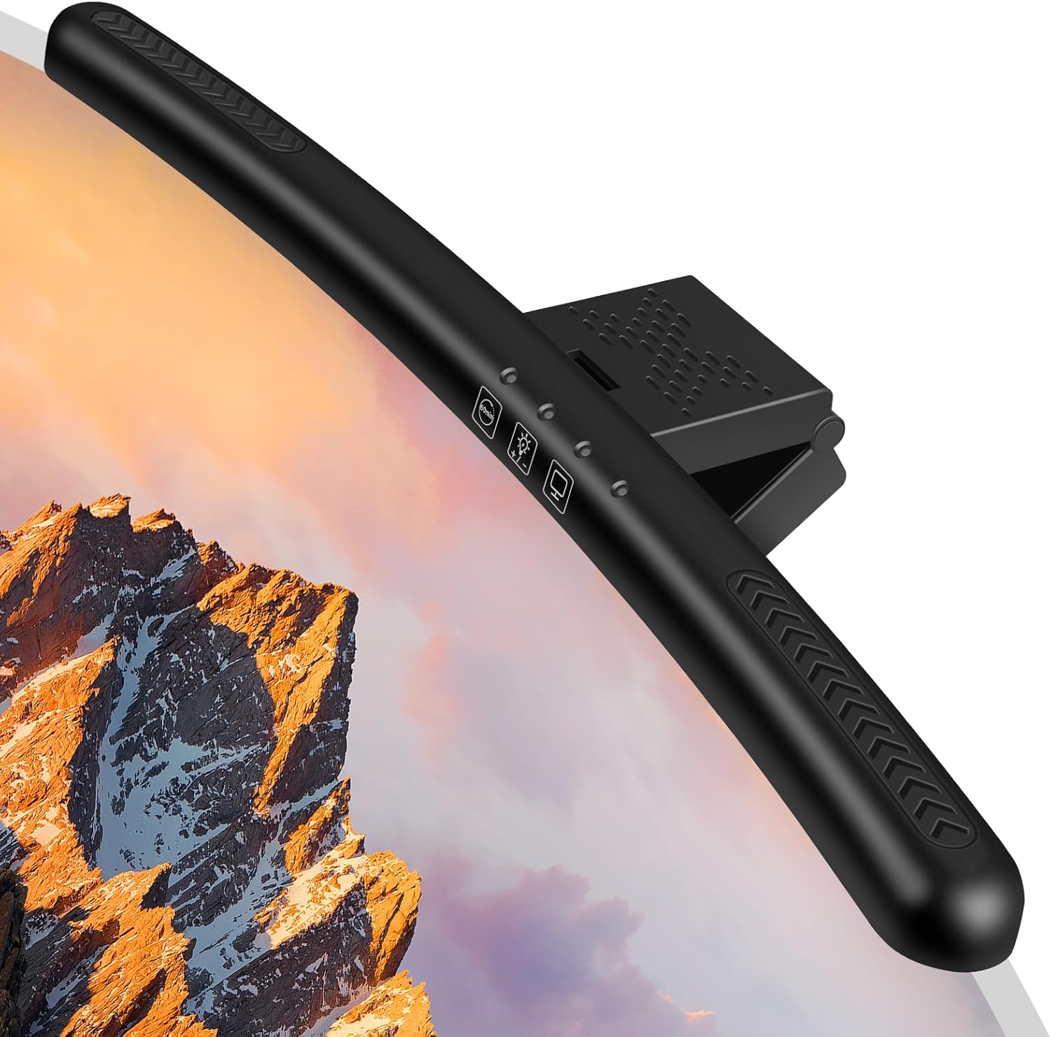 Laliled curved computer monitor light bar mounted on top of a screen front view showcasing desk lighting.