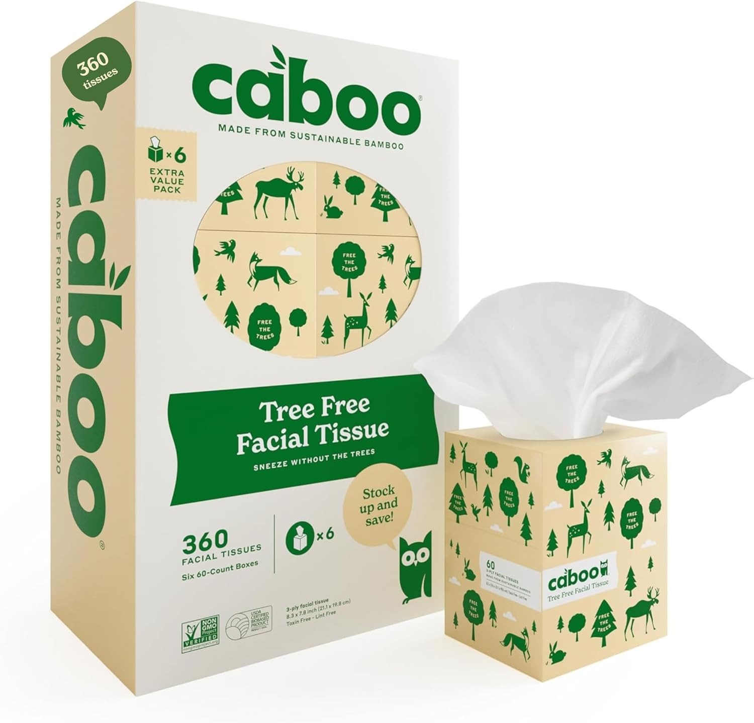 Caboo Tree Free Bamboo Facial Tissue six pack front view eco-friendly paper