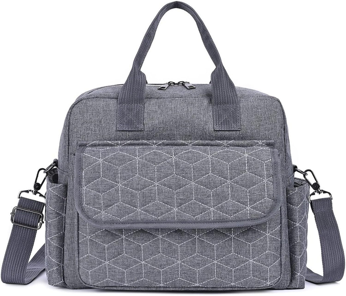 Meyteilay diaper bag front view showing geometric grey pattern