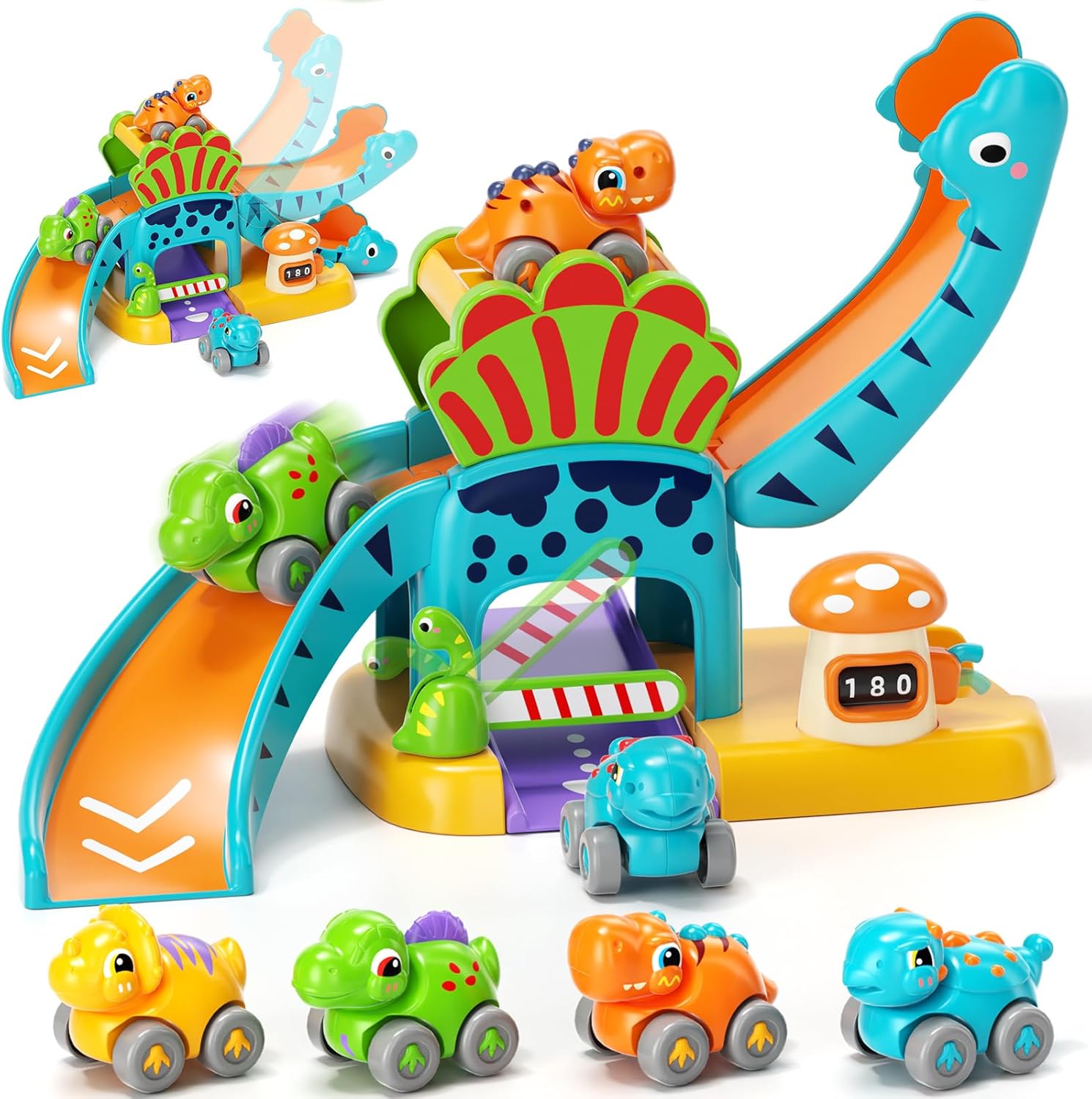 Lehoo Castle Dinosaur Toy Car Set front view of assembled race track slide with four mini vehicles