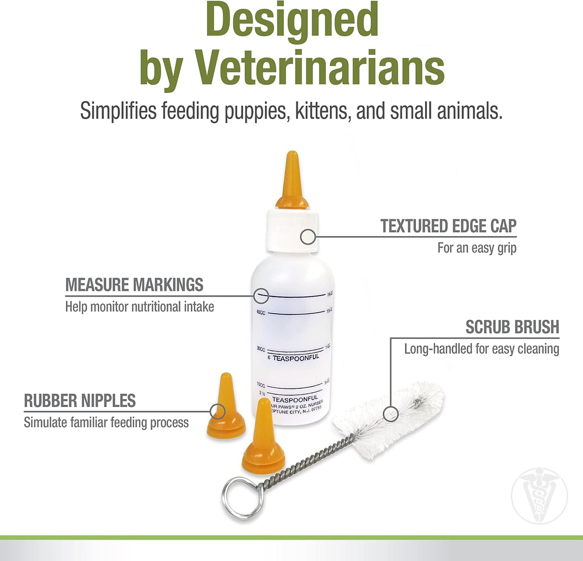 Four Paws pet nurser bottle with pure rubber nipple showing measurement markings.