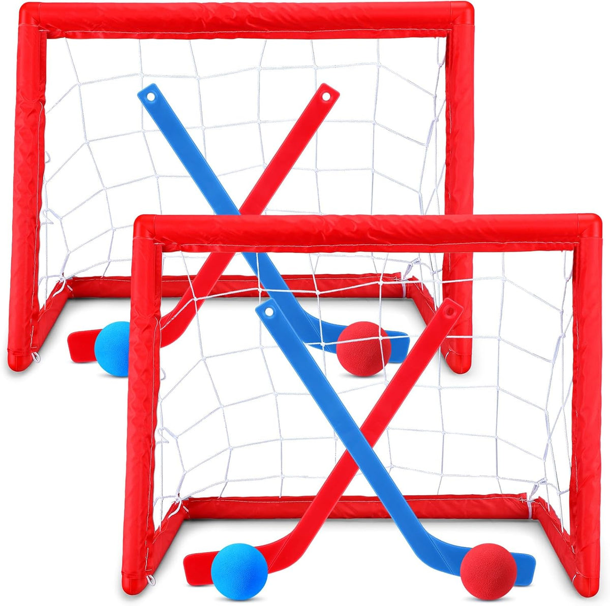 Leyndo kids mini hockey set front view showing two red goals and blue sticks.