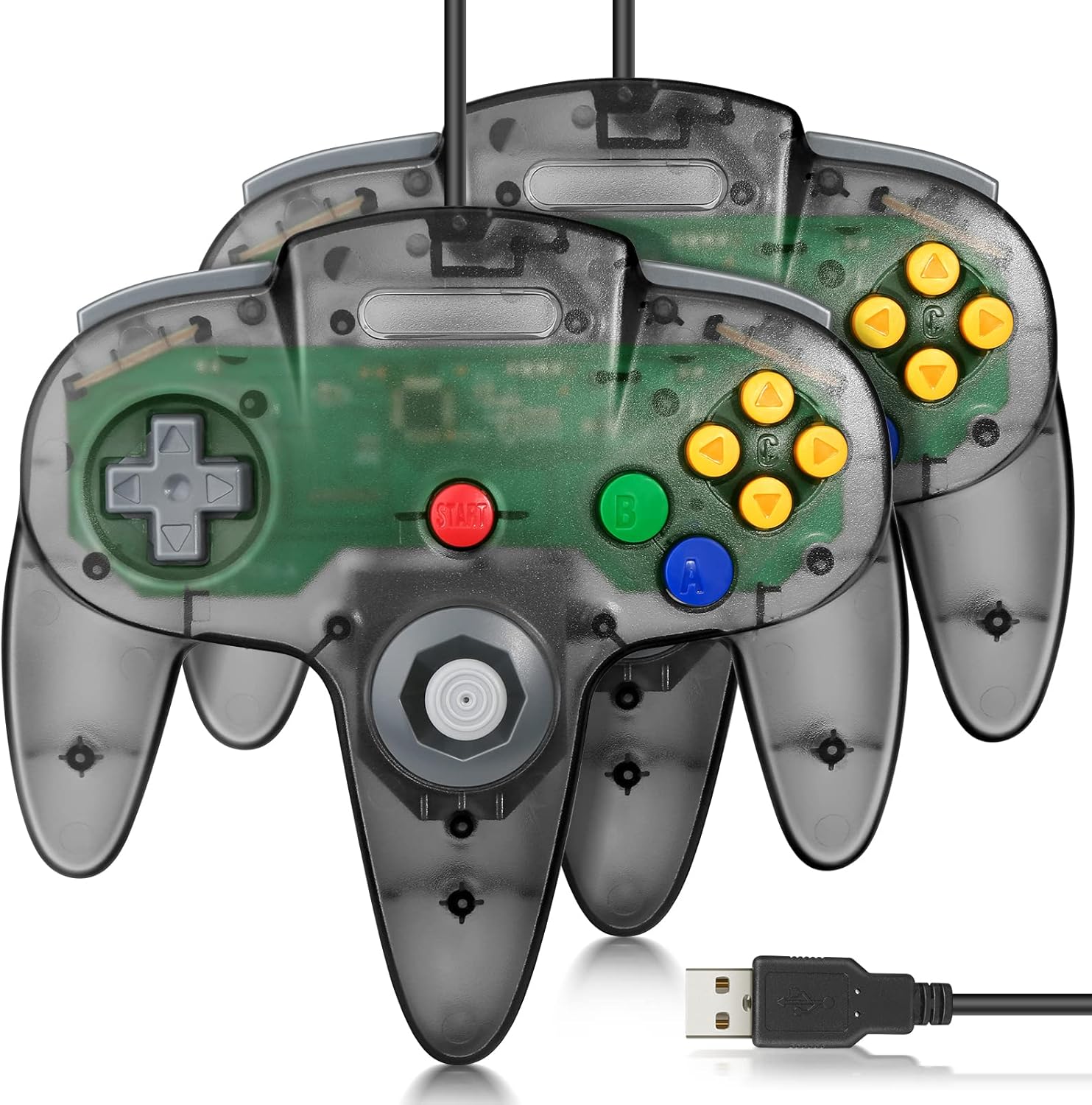FISUPER USB N64 Controller 2 pack front view showing transparent clear black shell design.