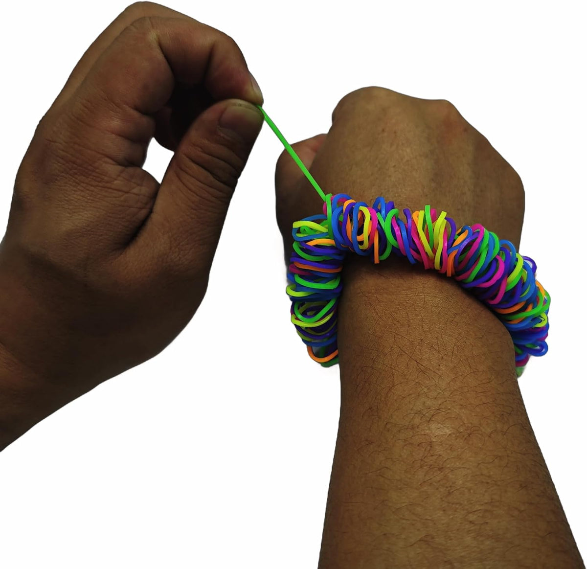 Generic skin picking fidget bracelet 3 pack front view showing multicolor stretchy loom bands.