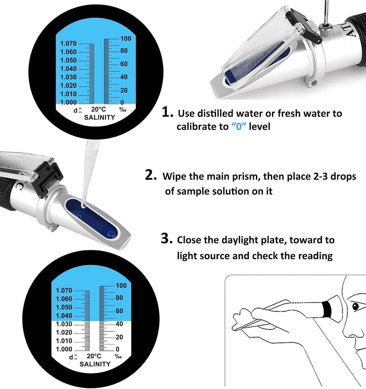 Marine aquarium salinity tester with plastic storage case and accessories