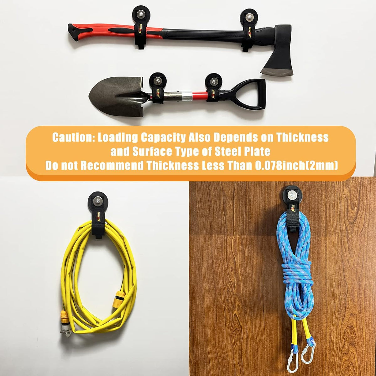 Juformin magnetic storage hook supporting garden hose on truck bed
