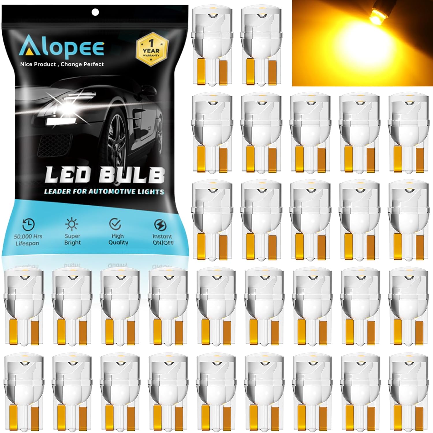 Alopee 30 Pack 194 Amber LED Bulbs front view showcasing the clear acrylic wedge base design.