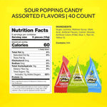 Individually wrapped triangle pouches of FUNTASTY sour popping candy scattered to showcase the green apple, watermelon, and blue raspberry options.