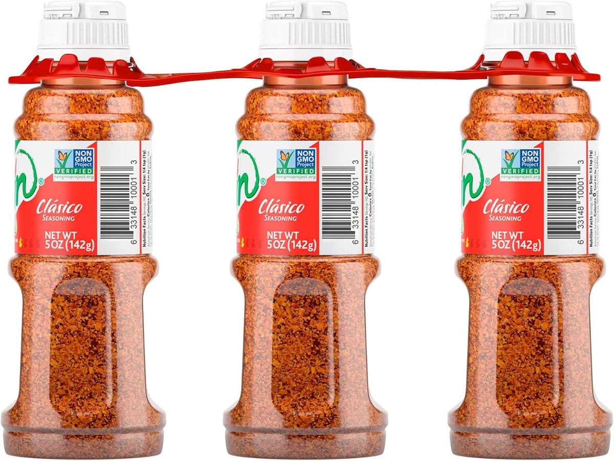 Tajin chili lime seasoning sprinkled over fresh tropical fruit