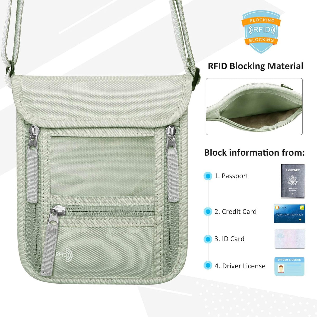WALNEW Passport Holder Neck Pouch Travel Wallet for Women and Men, RFID Blocking Security Slim Traveling Wallet with Around Neck Lanyard Strap, Light Green - Image 3